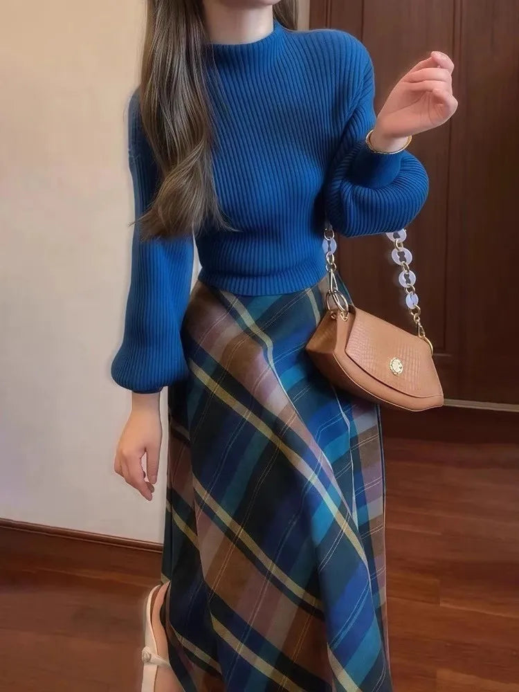 Spring and Autumn Women's American Retro Royal Blue Lantern Sleeve Knitted Sweater and Plaid Skirt Suit High Waist Umbrella Skirt Fashionable and Elegant Long Sleeve Pullover Commuting Suit