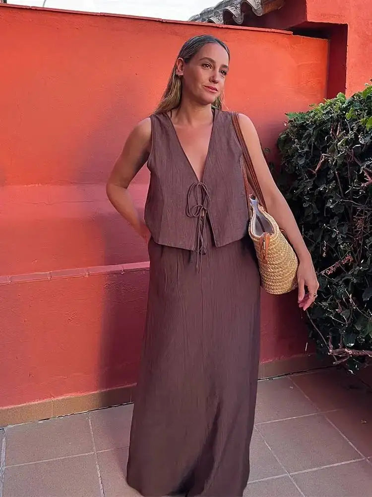 HH Women's Street Vest 2-piece Set Chic V-neck Sleeveless Lace-up Textured Vest + High-waisted Drawstring Casual Skirt Suit