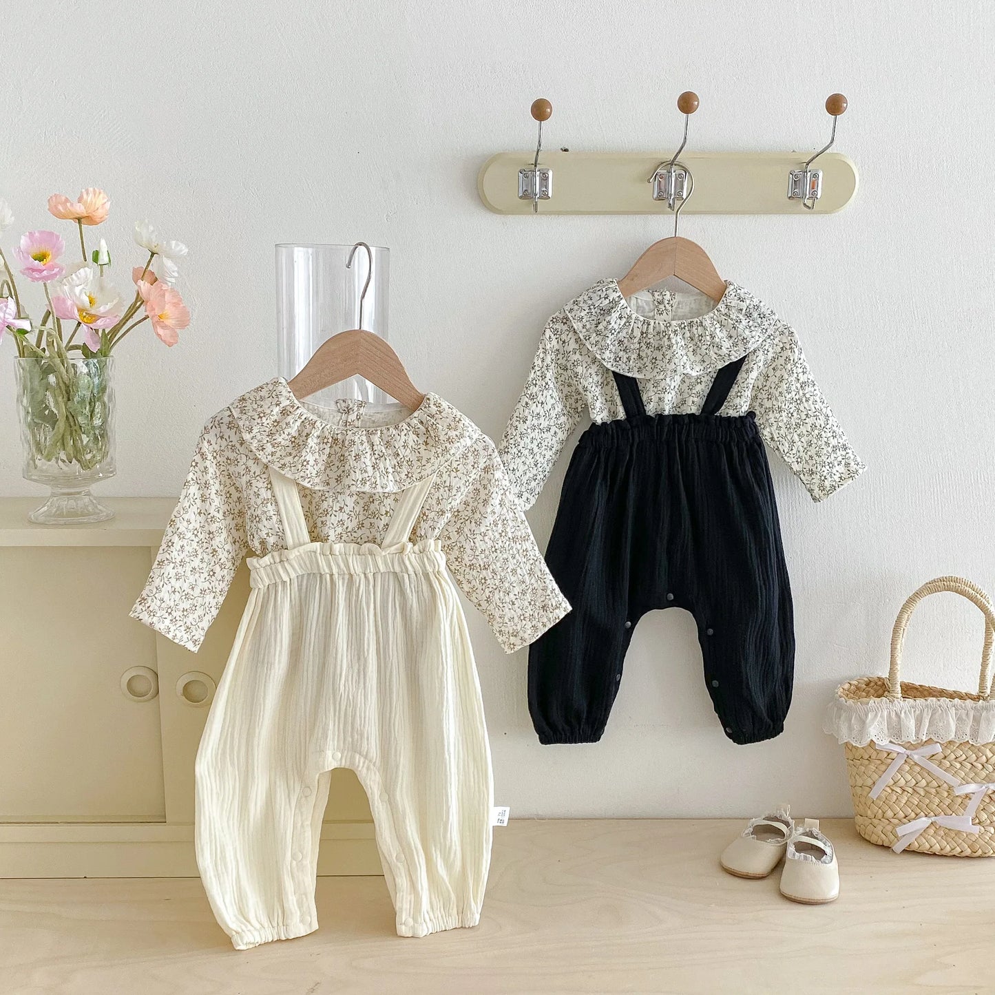 Cotton Infant Toddler Overalls Set 2025 Autumn New Baby Girl Long Sleeve Floral Lapel Tops + Solid Strap Romper 2pcs Suit