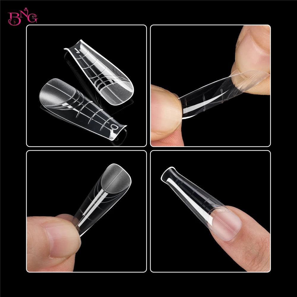 BNG 140Pcs Poly Extension Gel Dual Nail Forms Reusable Nail Molds for Builder Extension 14 Size Top Forms for Nail Art Design