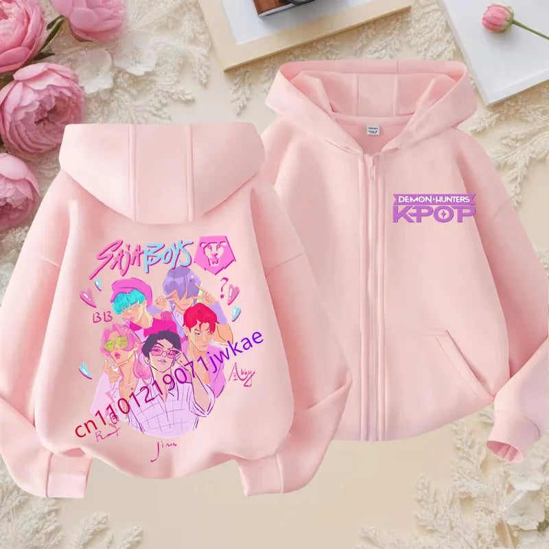 Kid Girl Boy Sweatshirt Zipper Pink Hoody Baby Casual Tops Funny Zip Up Sweatshirts Kpop Demon Hunters Hoodie Children Clothes