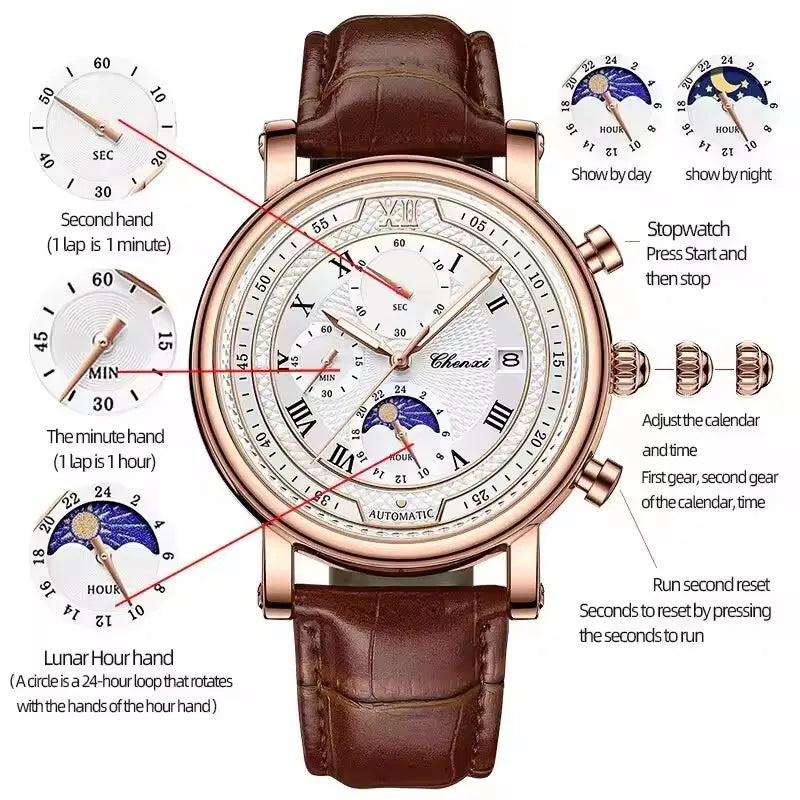 CHENXI 976 Multi functional Clock True Three Eye Six Needle Lunar Calendar Business Quartz Leather Men's Watches montres hommes
