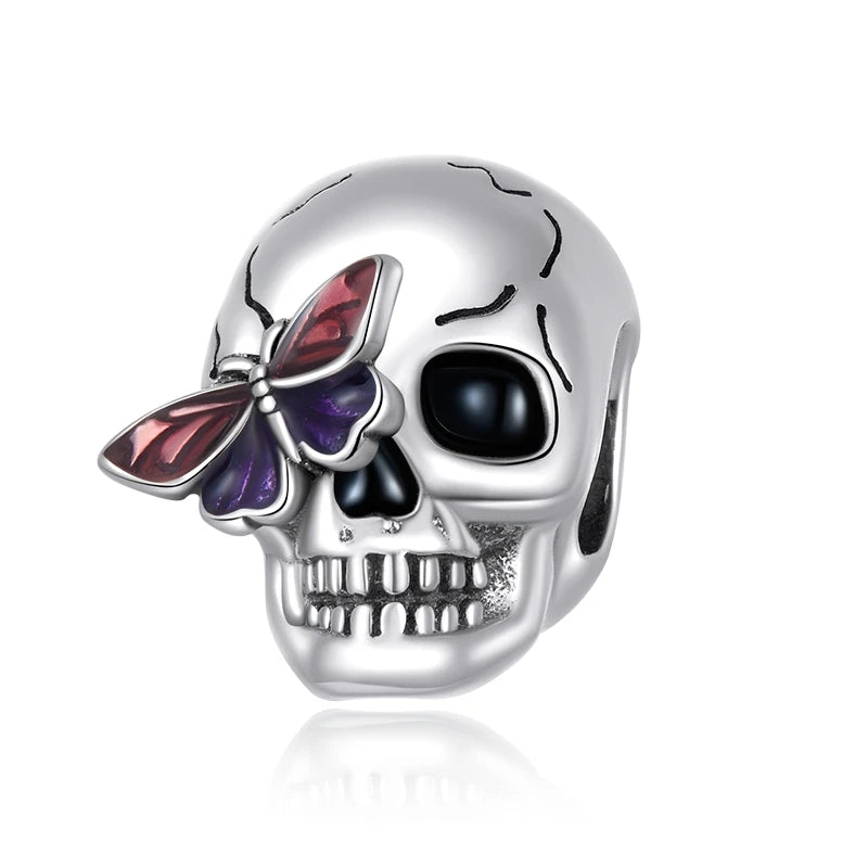 WOSTU 925 Sterling Silver Halloween Gift Purple Pendant Punk Skeleton Hand Bead Skull Butterfly Charm Fit DIY  Bracelet Necklace