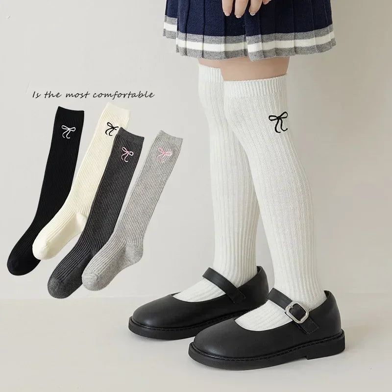 2 Pair/set Casual Korean Fashion Knee High Sock for Kids Girl Jacquard Bow Sweet Over Knee Children's Sock Soft Cotton Sock
