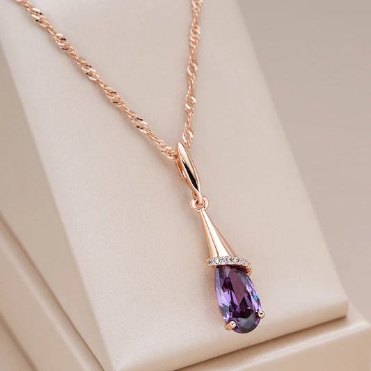 Elegant Rose Gold Necklace – Purple Zircon Pendant | Hypoallergenic | Perfect Gift for Women | Long Chain (50cm)