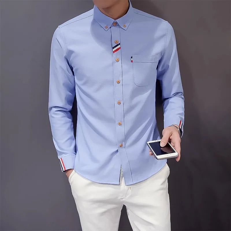 2023 Spring Men's Casual Solid Oxford Dress White Shirt Single Patch Pocket Long Sleeve Regular-fit Button-down  Shirts