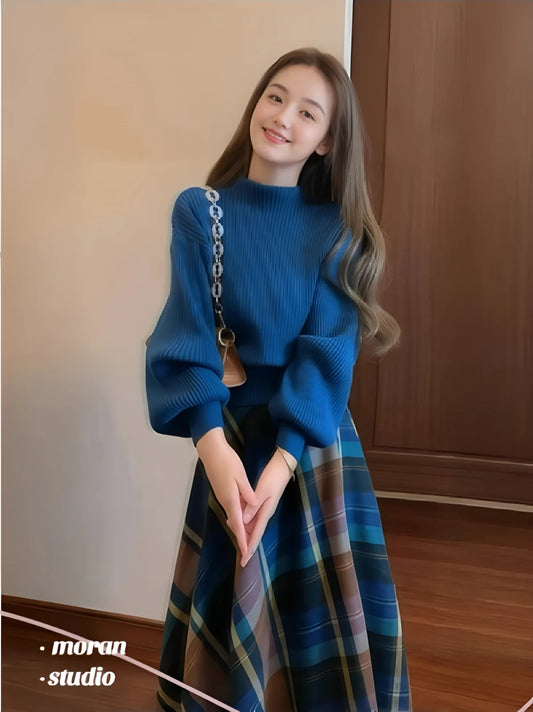 Spring and Autumn Women's American Retro Royal Blue Lantern Sleeve Knitted Sweater and Plaid Skirt Suit High Waist Umbrella Skirt Fashionable and Elegant Long Sleeve Pullover Commuting Suit