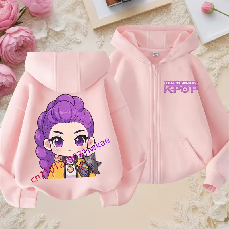 Kid Girl Boy Sweatshirt Zipper Pink Hoody Baby Casual Tops Funny Zip Up Sweatshirts Kpop Demon Hunters Hoodie Children Clothes