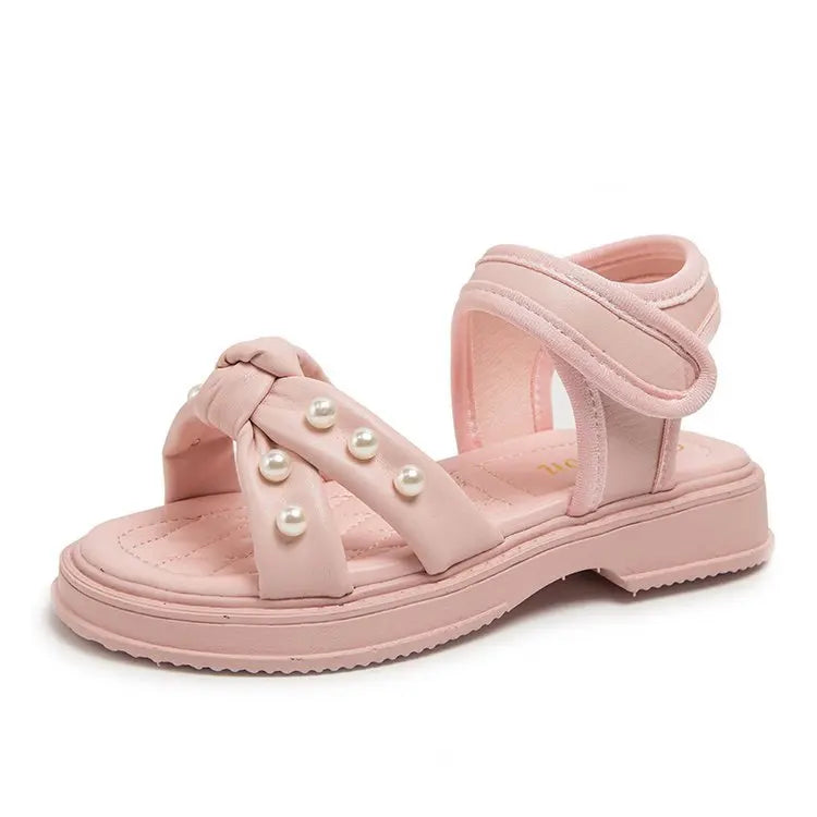 Little Girls Sandals 2024 Summer New Princess Shoes with Pearl for Party Wedding Kids Anti Slip Knot Beach Shoes for Vacation