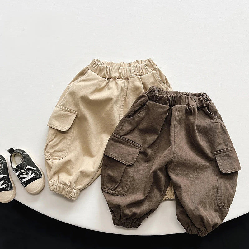 1-6Year Kids Casual Pants 2025 New Children's Spring and Fall Boys' Cargo Pants Korean Children's Solid Color Outdoor Pants