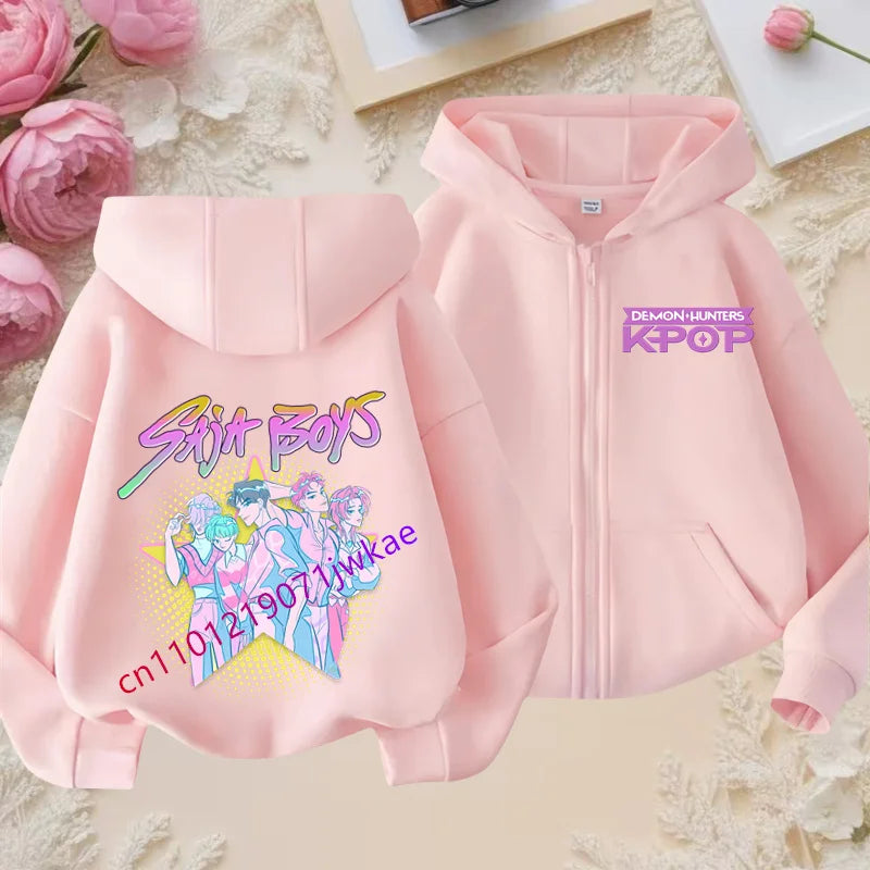 Kid Girl Boy Sweatshirt Zipper Pink Hoody Baby Casual Tops Funny Zip Up Sweatshirts Kpop Demon Hunters Hoodie Children Clothes