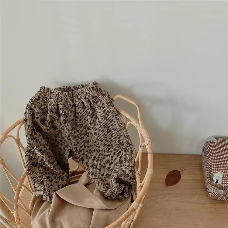 Korean Style Toddler Girls Corduroy Harem Pants 1-8Y Leopard Floral Print Autumn Winter Fleece-Lined or Thin Casual Pants