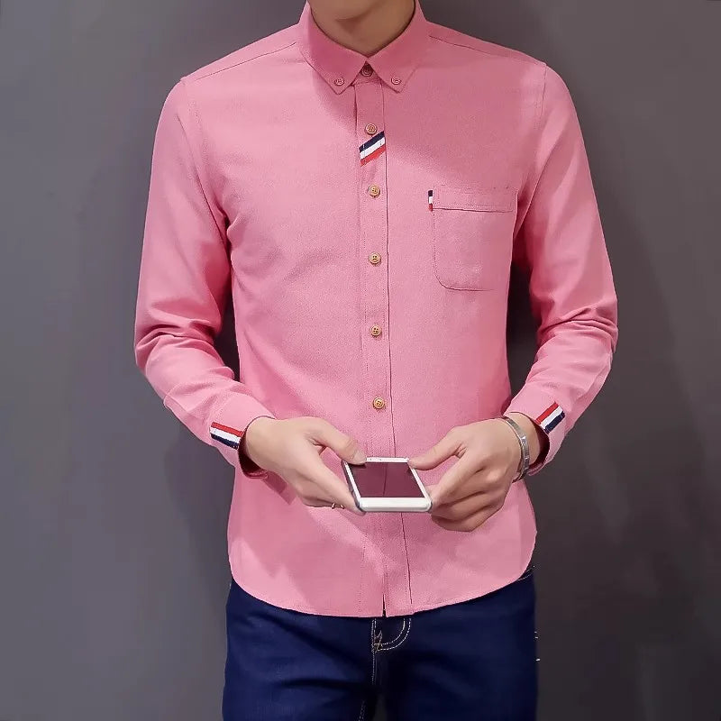 2023 Spring Men's Casual Solid Oxford Dress White Shirt Single Patch Pocket Long Sleeve Regular-fit Button-down  Shirts