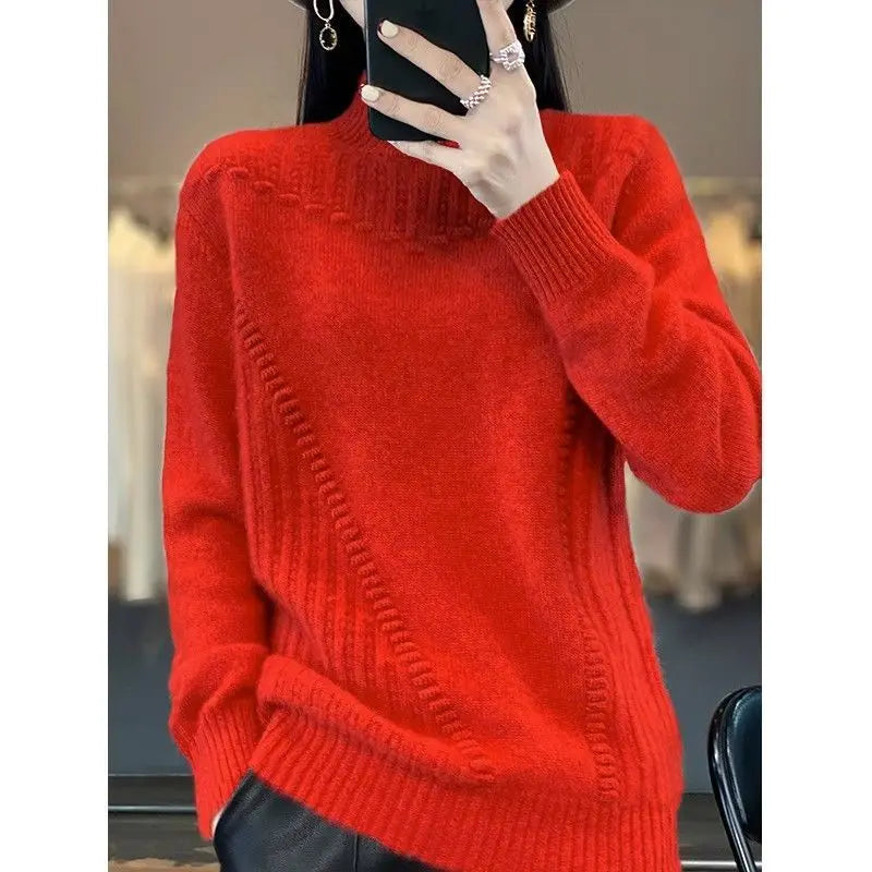 2024 Autumn New Loose Women's Semi-turtleneck Thickened Solid Color Simple Crochet Casual Knitted Sweater Pullover Top