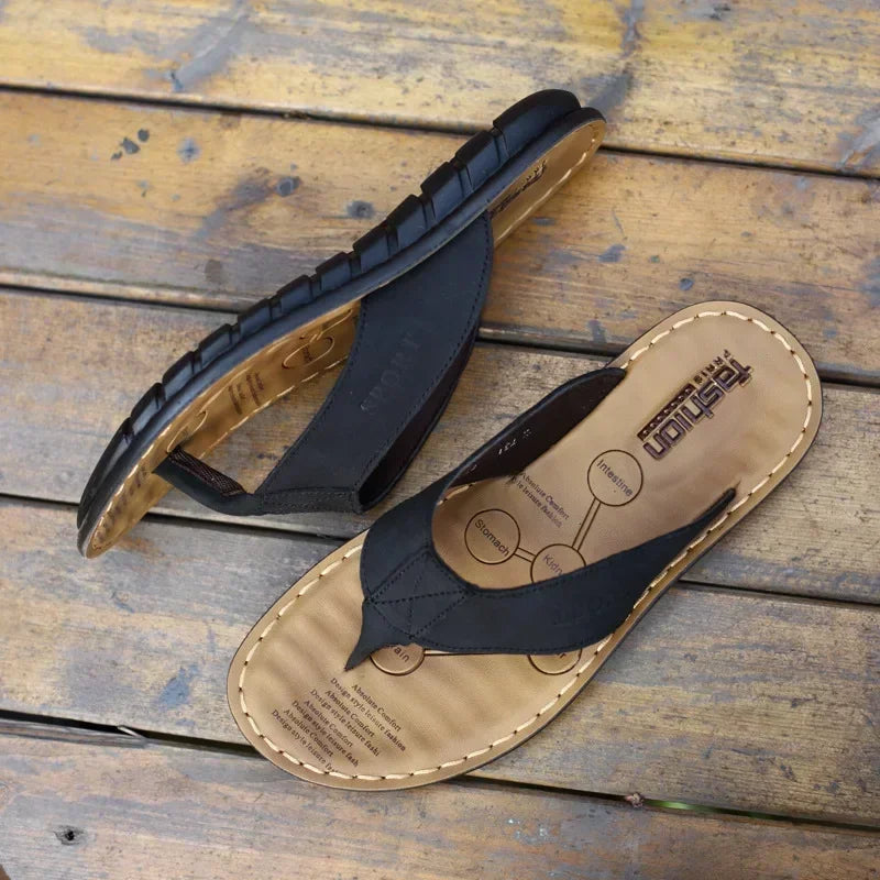 Summer Shoes Men Slippers Genuine Leather Beach Slippers Outdoor Anti-slip Mens Flip Flop Sandals Male Khaki Leather Sandals