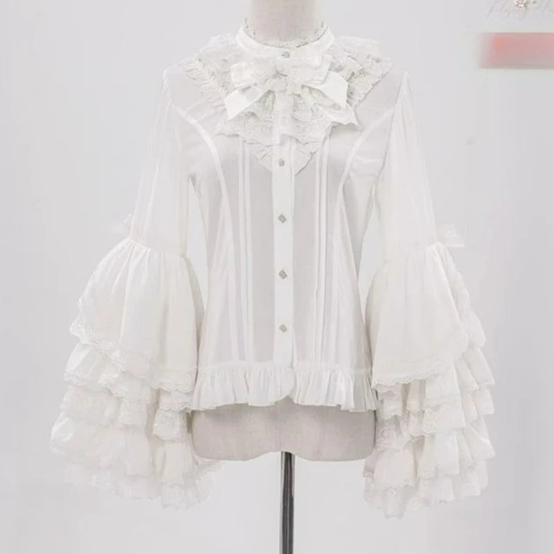 Pink Japan Lolita Flare Sleeve Sweet Bow Shirts Y2k Aesthetic Slash Neck Lace Patchwork Blouse Women Loose Grunge Ruffled Blusas