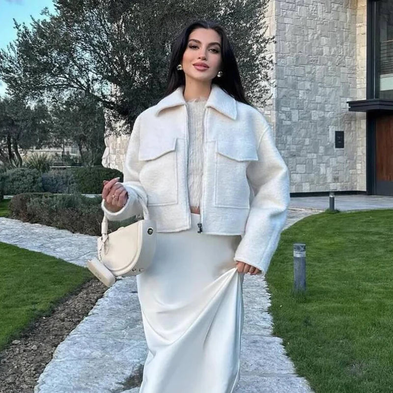 MUJER White Tweed Jacket Women Cropped Bomber Jackets for Women Long Sleeve Zipper Jacket Woman Autumn Streetwear Outerwears