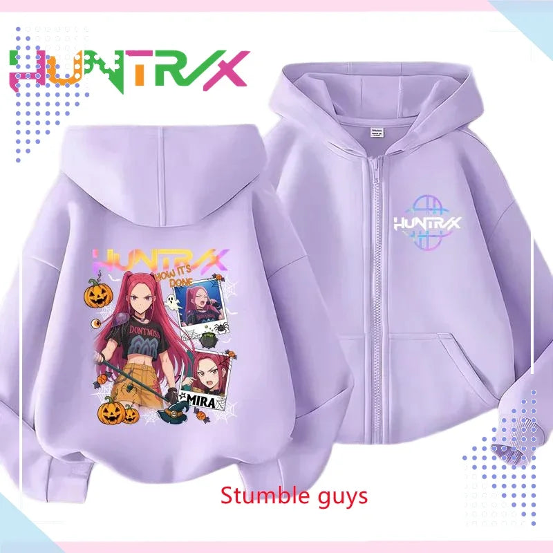 Kids Purple Zipper Hoodies Spring Autumn Kpop Demon Hunters Sweatshirt For Spring Picnic & Autumn Walk