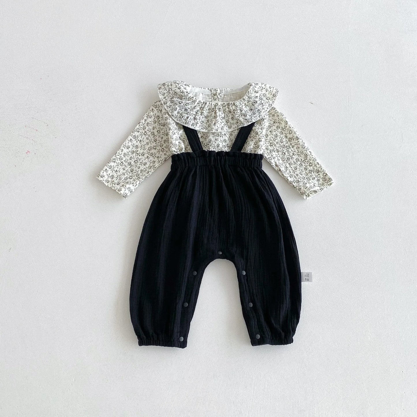 Cotton Infant Toddler Overalls Set 2025 Autumn New Baby Girl Long Sleeve Floral Lapel Tops + Solid Strap Romper 2pcs Suit