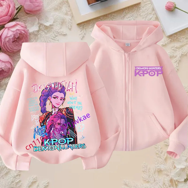 Kid Girl Boy Sweatshirt Zipper Pink Hoody Baby Casual Tops Funny Zip Up Sweatshirts Kpop Demon Hunters Hoodie Children Clothes