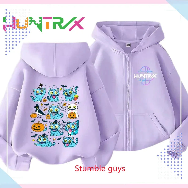 Kids Purple Zipper Hoodies Spring Autumn Kpop Demon Hunters Sweatshirt For Spring Picnic & Autumn Walk