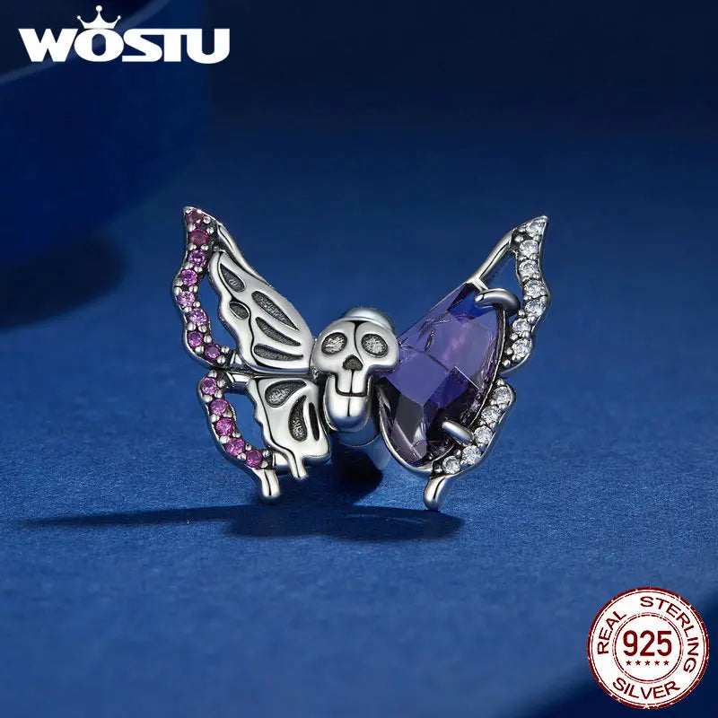 WOSTU 925 Sterling Silver Halloween Gift Purple Pendant Punk Skeleton Hand Bead Skull Butterfly Charm Fit DIY  Bracelet Necklace