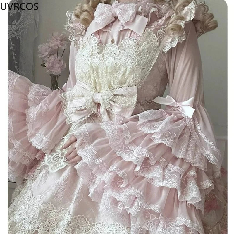 Pink Japan Lolita Flare Sleeve Sweet Bow Shirts Y2k Aesthetic Slash Neck Lace Patchwork Blouse Women Loose Grunge Ruffled Blusas