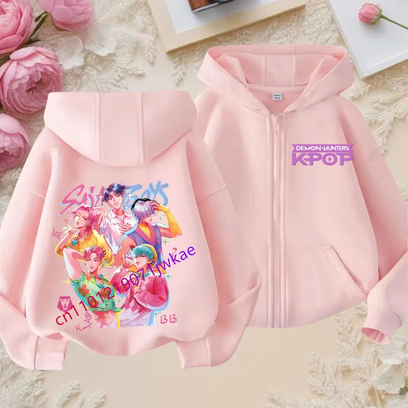 Kid Girl Boy Sweatshirt Zipper Pink Hoody Baby Casual Tops Funny Zip Up Sweatshirts Kpop Demon Hunters Hoodie Children Clothes