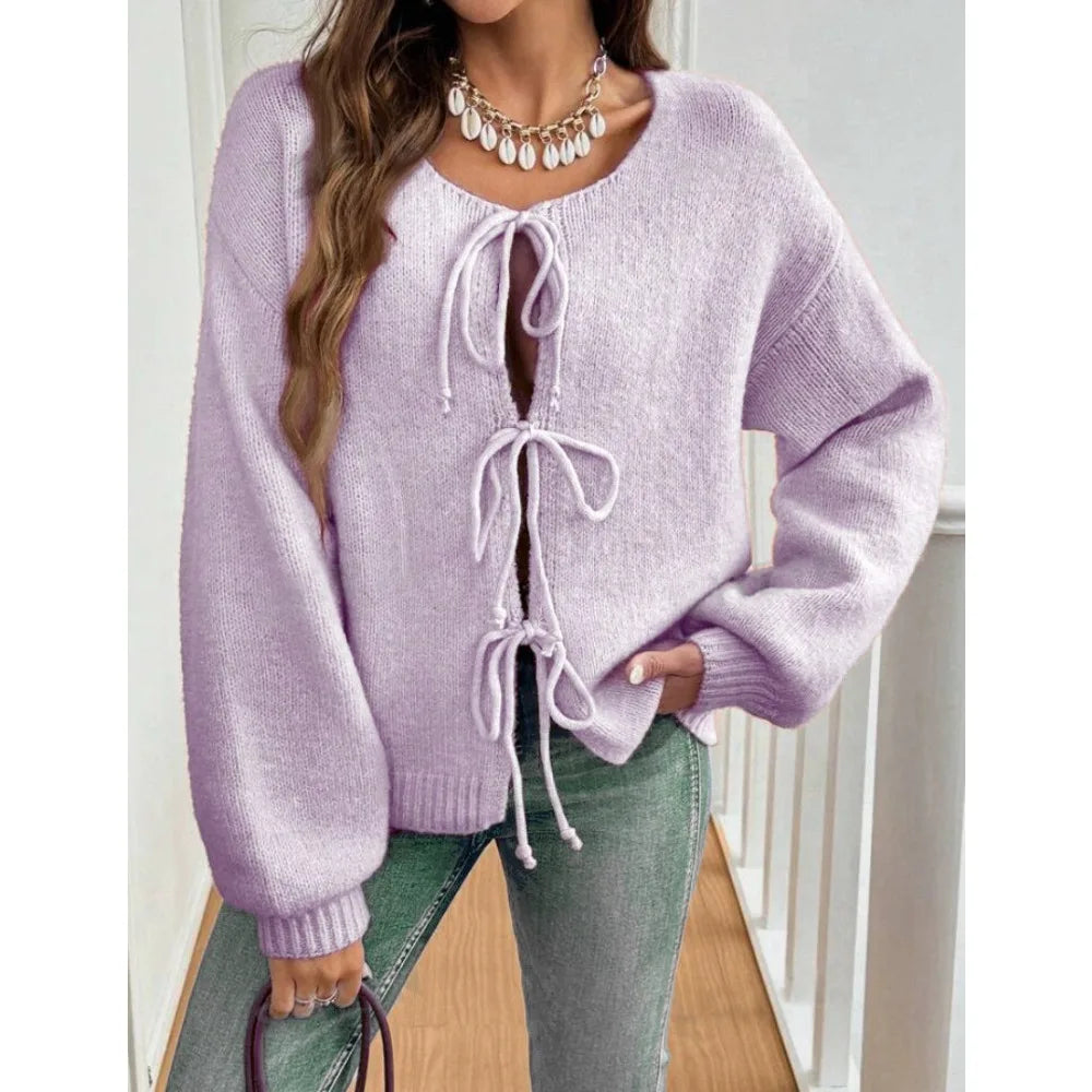 Women Solid Round Neck Lace Up Sweaters Cardigan Splice Knit Straight Jumpers Casual Long Sleeve Office Lady Autumn Winter