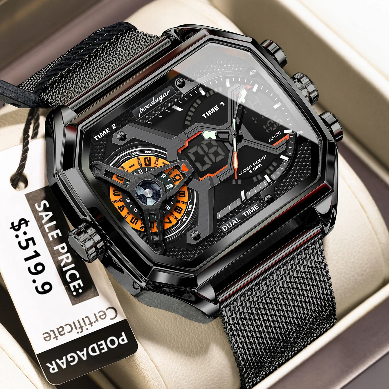 POEDAGAR Top Fashion Men Clock Rectangle Waterproof Date Week LED Man Watch Electronic Mesh Stainless Steel Quartz Men's Watches