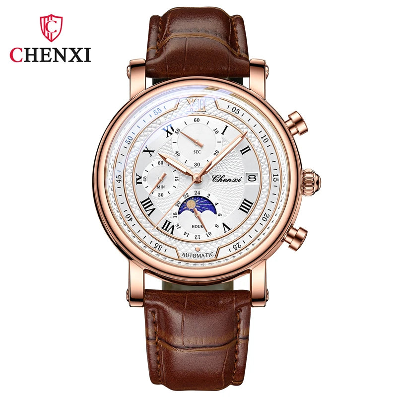 CHENXI 976 Multi functional Clock True Three Eye Six Needle Lunar Calendar Business Quartz Leather Men's Watches montres hommes