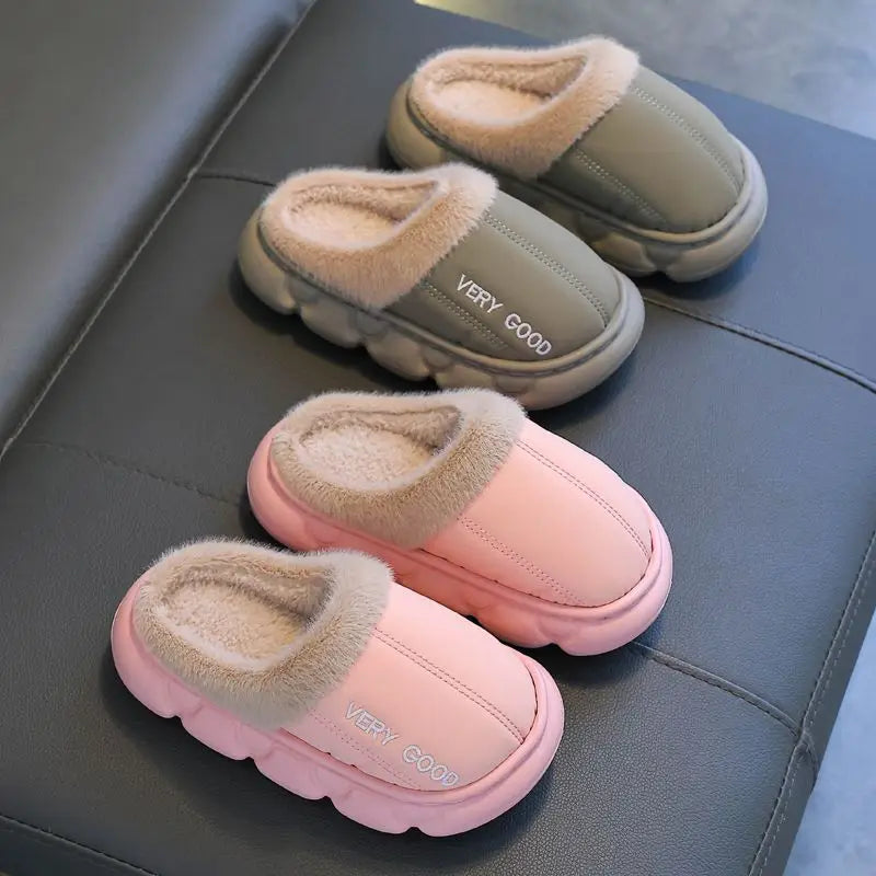 Waterproof Anti-Slip Kids Slippers Winter Warm Plush House Shoes for Boys Girls Indoor Outdoor Home Use