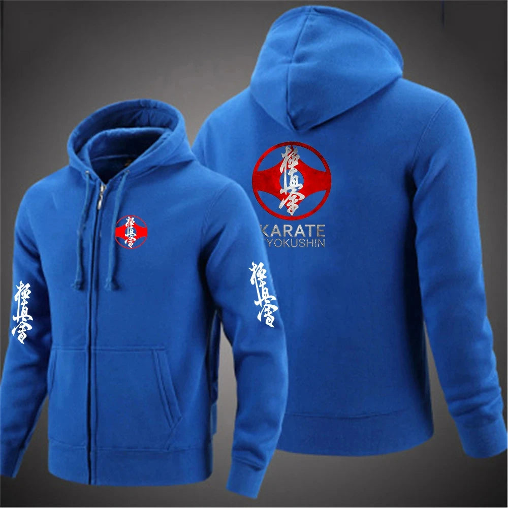 2025 Kyokushin Karate Printed Hooded Long Sleeve Men Jacket Drawstring Zipper Closure Solid Color Casual Sweatshirt Clothing
