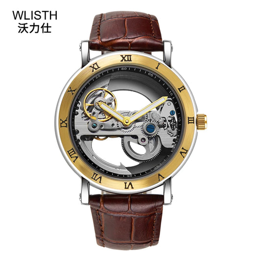 WLISTH Vintage Mechanical Watches Men's Original Steel Skeleton Automatic Watches Leather Mechanical Waterproof Luminous Watches
