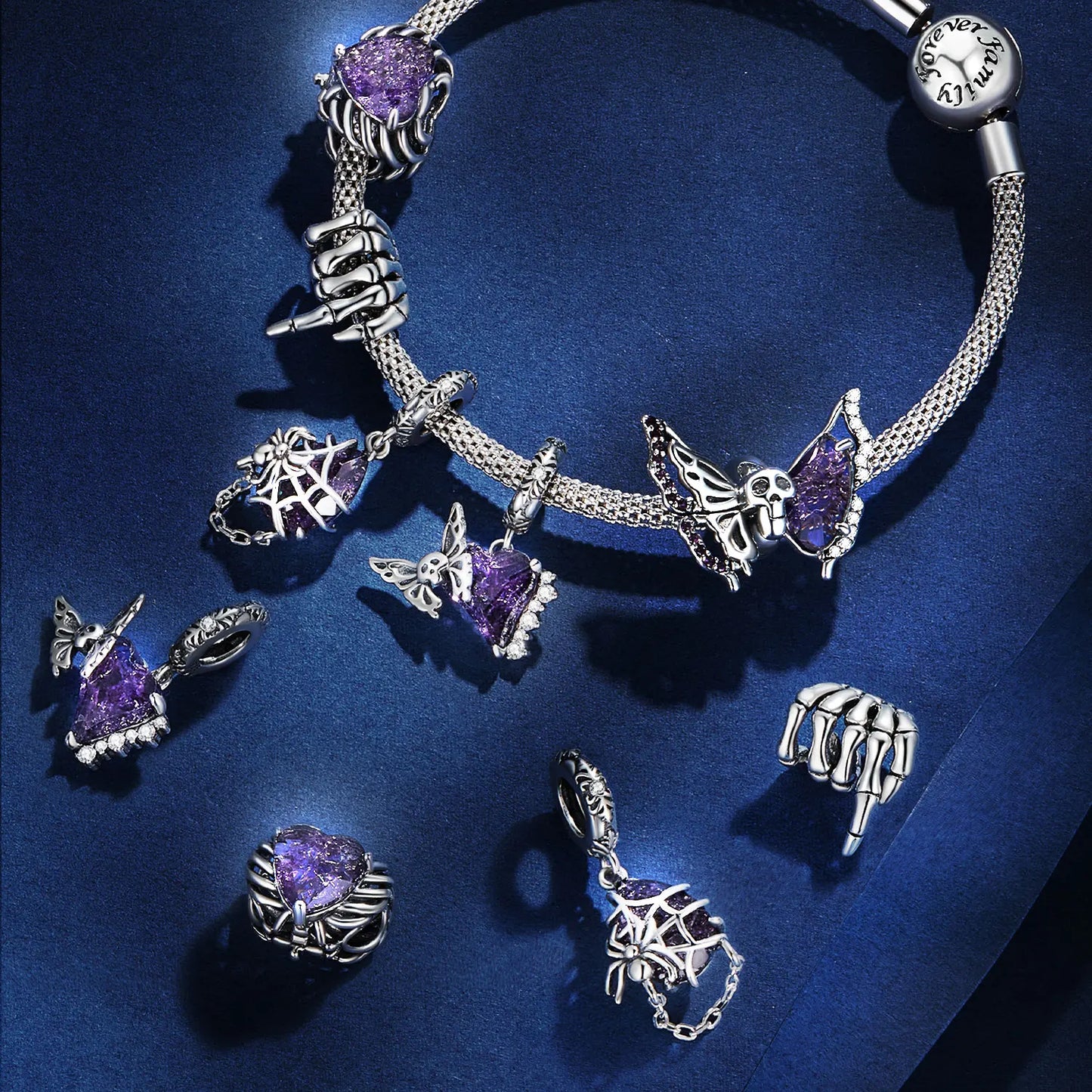 WOSTU 925 Sterling Silver Halloween Gift Purple Pendant Punk Skeleton Hand Bead Skull Butterfly Charm Fit DIY  Bracelet Necklace