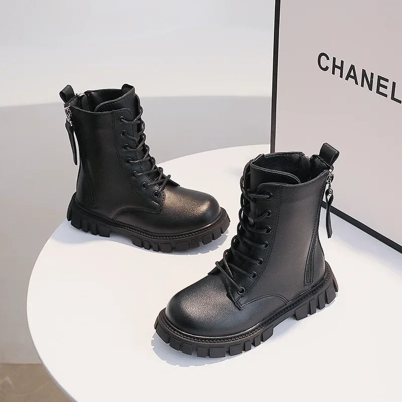 Boys Girls Ankle Boots Thick Soft Sole 2024 New Kids Motorcycle Boots with Double Zipper Children Warm Boots Round Toe Fashion