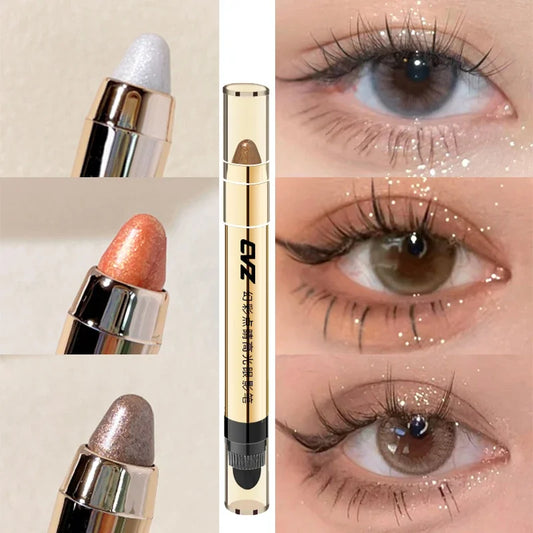 Glitter Eyeshadow Pencil with Smudged Sponge Metallic Long Lasting Shiny Pearlescent Eye Shadow Makeup Eyeliner Pen Cosmetics