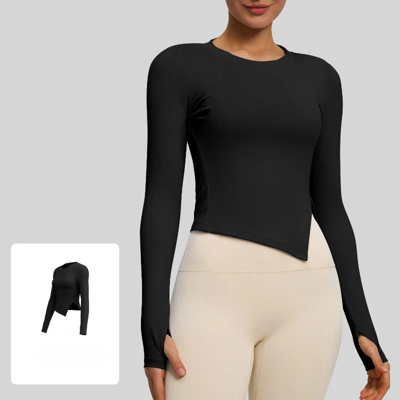 Autumn and Winter New Long Sleeve T-shirt Round Neck Split Solid Color Yoga Clothing Sports Fitness Clothing Breathable Y2k