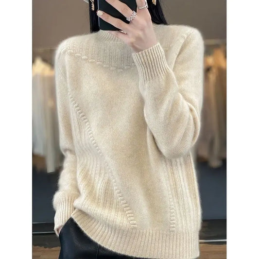 2024 Autumn New Loose Women's Semi-turtleneck Thickened Solid Color Simple Crochet Casual Knitted Sweater Pullover Top
