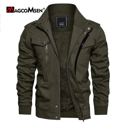 MAGCOMSEN Winter Fleece Men's Motorcycle Jackets Thermal Bomber Jackets Stand Collar Windbreaker Multi-pockets Worker Coats