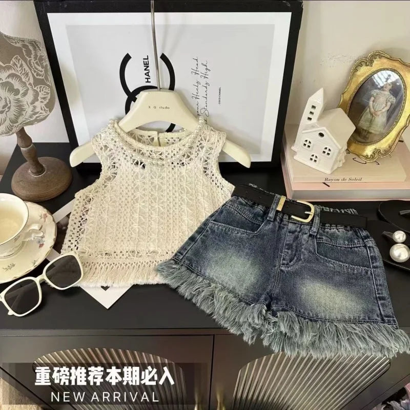 Girls' Summer Collection 2025 New Style Baby Girl Fashion Knitted Strap Top Cowboy Shorts 3-Piece Set Children's Clothing