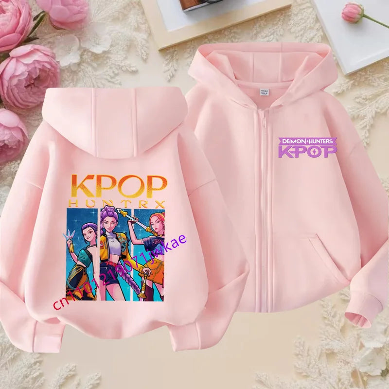 Kid Girl Boy Sweatshirt Zipper Pink Hoody Baby Casual Tops Funny Zip Up Sweatshirts Kpop Demon Hunters Hoodie Children Clothes