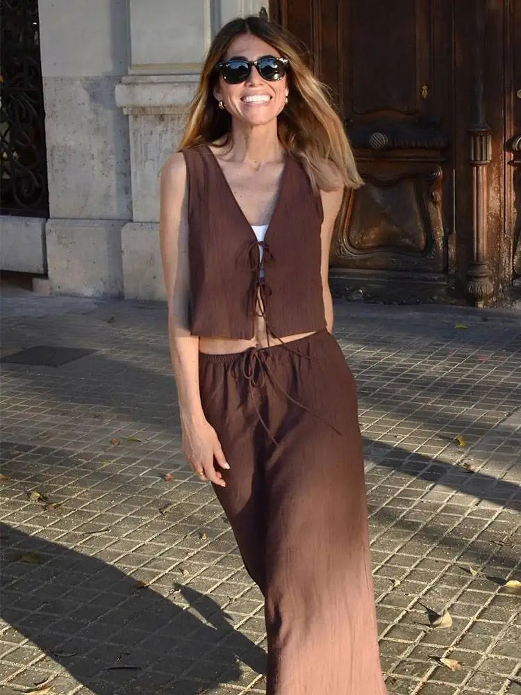 HH Women's Street Vest 2-piece Set Chic V-neck Sleeveless Lace-up Textured Vest + High-waisted Drawstring Casual Skirt Suit