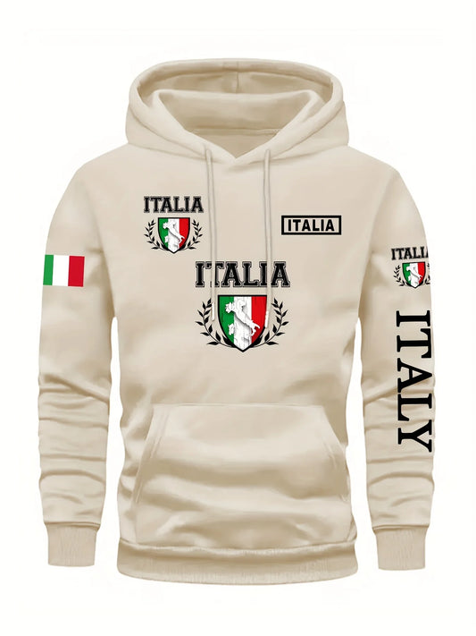 Men's Italy Print Pullover Front Pocket Machine Washable Autumn Winter Comfort Fit Italy Sweatshirt Comfortable Knit Fabric