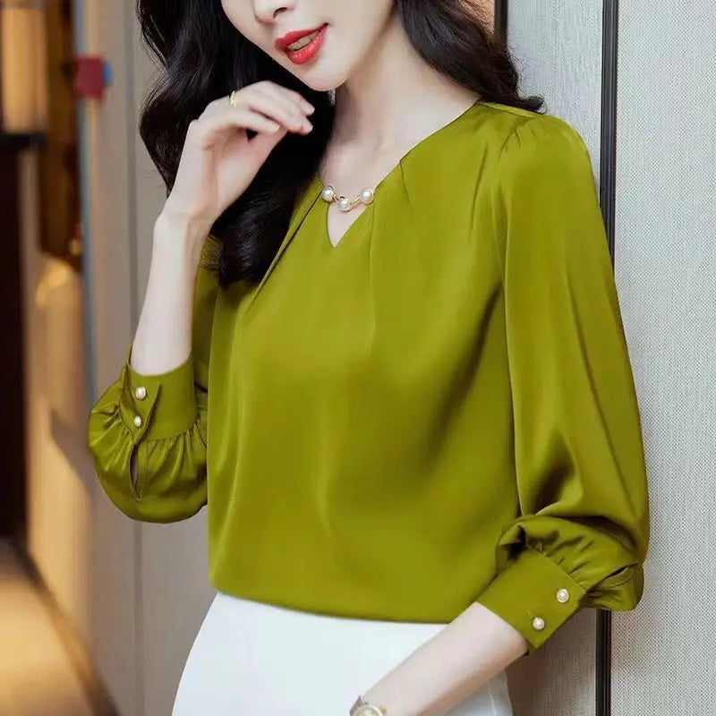 Spring Autumn Women's Clothing Embroidered Flares Pullover Blouses Fashion V-Neck Solid Color Long Sleeve Chiffon Shirts