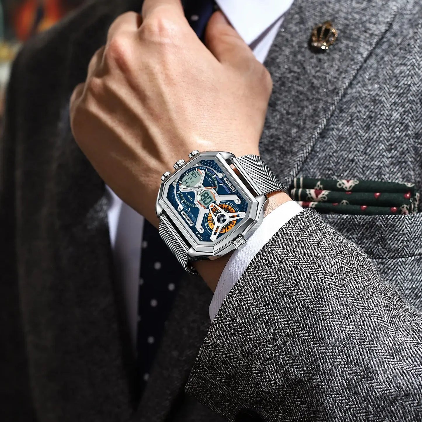 POEDAGAR Top Fashion Men Clock Rectangle Waterproof Date Week LED Man Watch Electronic Mesh Stainless Steel Quartz Men's Watches