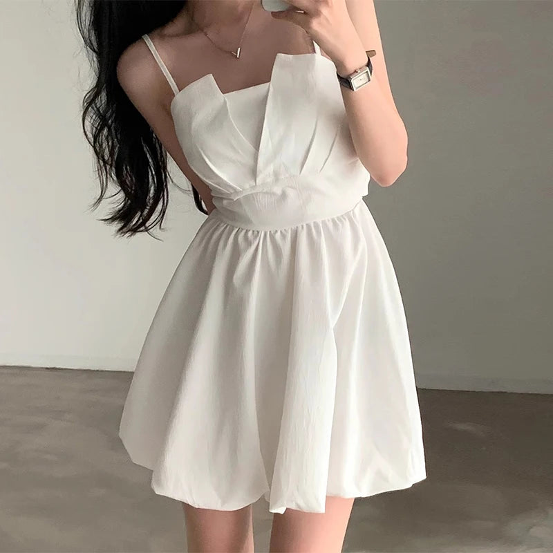 Spring Summer Chic  Knot Belted Pleated  Flower Bud Strap Dr ort Women's Skirt High Waist No Sve Pure Color