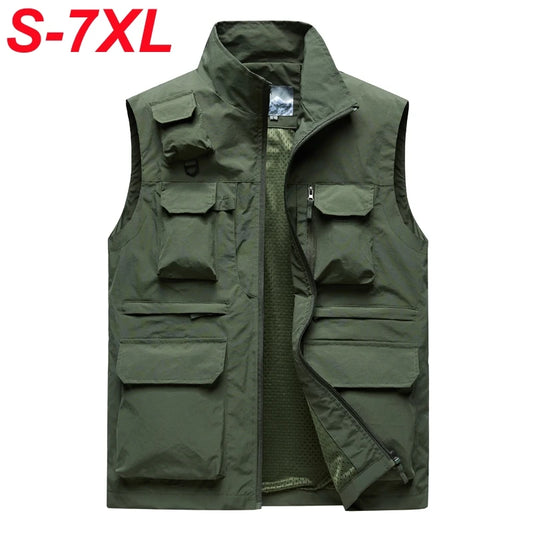 7xl Plus Size Multi-Pocket Vest Men Outdoor Sporting Fishing Vest Photography Work Clothes 6xl 5xl 4xl Casual Cargo Vest Jacket