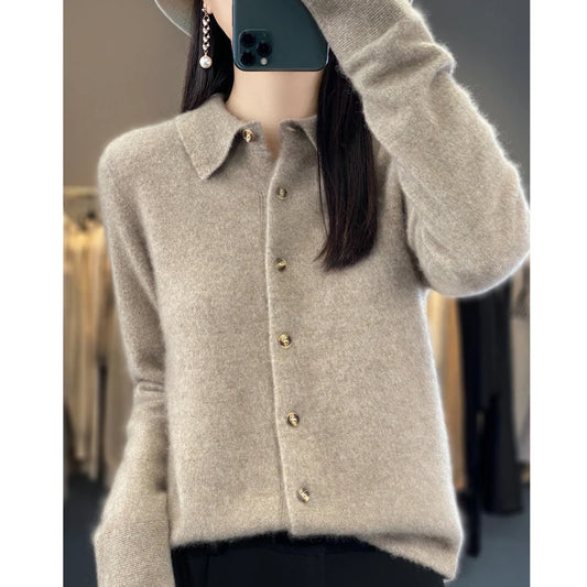 "Women's Pure Wool Lapel Cardigan – Autumn & Winter Casual Sweater"