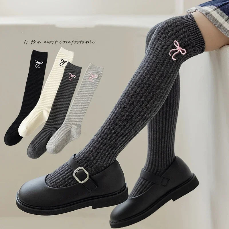 2 Pair/set Casual Korean Fashion Knee High Sock for Kids Girl Jacquard Bow Sweet Over Knee Children's Sock Soft Cotton Sock
